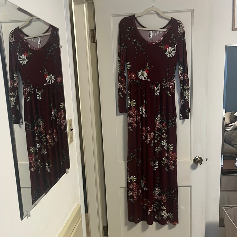 Floral Long Sleeve Maxi Dress - Burgundy